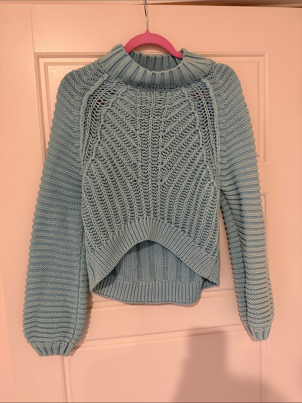 Free People Light Blue Cable Knit Turtleneck Sweater cropped